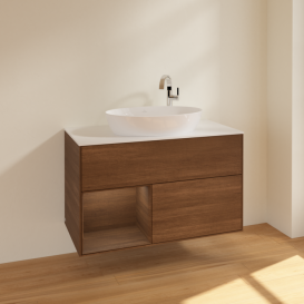 Тумба под раковину Villeroy & Boch Finion 100х50,1 см с подсветкой МДФ шпон грецкого ореха/стекло белое матовое F891GNGN