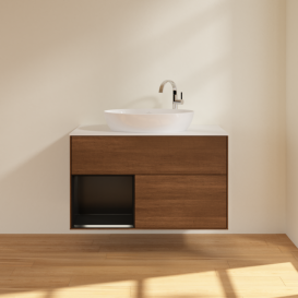 Тумба под раковину Villeroy & Boch Finion 100х50,1 см с подсветкой МДФ шпон грецкого ореха/стекло белое матовое F891PDGN