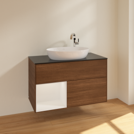 Тумба под раковину Villeroy & Boch Finion 100х50,1 см с подсветкой МДФ шпон грецкого ореха/стекло черное матовое F892GFGN