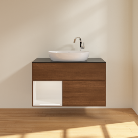 Тумба под раковину Villeroy & Boch Finion 100х50,1 см с подсветкой МДФ шпон грецкого ореха/стекло черное матовое F892GFGN