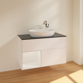 Тумба под раковину Villeroy & Boch Finion 100х50,1 см с подсветкой МДФ белый матовый лак/стекло черное матовое F892GFMT