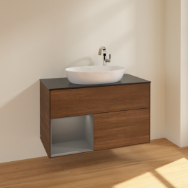 Тумба под раковину Villeroy & Boch Finion 100х50,1 см с подсветкой МДФ шпон грецкого ореха/стекло черное матовое F892GKGN