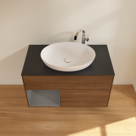 Тумба под раковину Villeroy & Boch Finion 100х50,1 см с подсветкой МДФ шпон грецкого ореха/стекло черное матовое F892GKGN