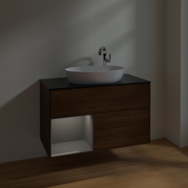 Тумба под раковину Villeroy & Boch Finion 100х50,1 см с подсветкой МДФ шпон грецкого ореха/стекло черное матовое F892GKGN