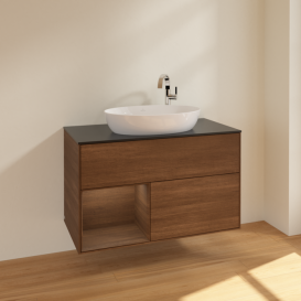 Тумба под раковину Villeroy & Boch Finion 100х50,1 см с подсветкой МДФ шпон грецкого ореха/стекло черное матовое F892GNGN