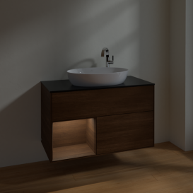 Тумба под раковину Villeroy & Boch Finion 100х50,1 см с подсветкой МДФ шпон грецкого ореха/стекло черное матовое F892GNGN