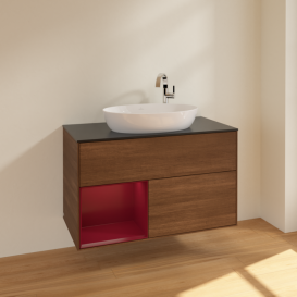 Тумба под раковину Villeroy & Boch Finion 100х50,1 см с подсветкой МДФ шпон грецкого ореха/стекло черное матовое F892HBGN