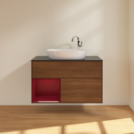 Тумба под раковину Villeroy & Boch Finion 100х50,1 см с подсветкой МДФ шпон грецкого ореха/стекло черное матовое F892HBGN