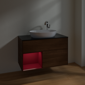 Тумба под раковину Villeroy & Boch Finion 100х50,1 см с подсветкой МДФ шпон грецкого ореха/стекло черное матовое F892HBGN