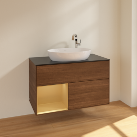 Тумба под раковину Villeroy & Boch Finion 100х50,1 см с подсветкой МДФ шпон грецкого ореха/стекло черное матовое F892HFGN