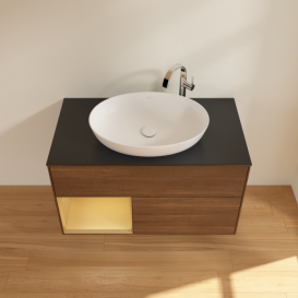 Тумба под раковину Villeroy & Boch Finion 100х50,1 см с подсветкой МДФ шпон грецкого ореха/стекло черное матовое F892HFGN