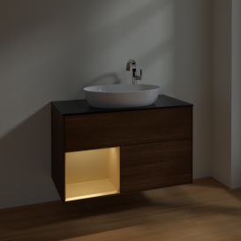 Тумба под раковину Villeroy & Boch Finion 100х50,1 см с подсветкой МДФ шпон грецкого ореха/стекло черное матовое F892HFGN