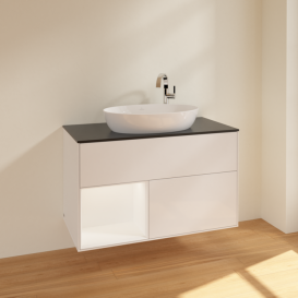 Тумба под раковину Villeroy & Boch Finion 100х50,1 см с подсветкой МДФ глянцевый белый лак/стекло черное матовое F892MTGF