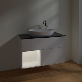 Тумба под раковину Villeroy & Boch Finion 100х50,1 см с подсветкой МДФ глянцевый белый лак/стекло черное матовое F892MTGF