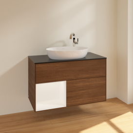 Тумба под раковину Villeroy & Boch Finion 100х50,1 см с подсветкой МДФ шпон грецкого ореха/стекло черное матовое F892MTGN