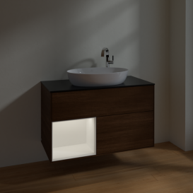 Тумба под раковину Villeroy & Boch Finion 100х50,1 см с подсветкой МДФ шпон грецкого ореха/стекло черное матовое F892MTGN