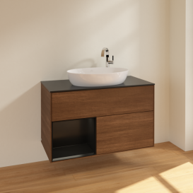 Тумба под раковину Villeroy & Boch Finion 100х50,1 см с подсветкой МДФ шпон грецкого ореха/стекло черное матовое F892PDGN