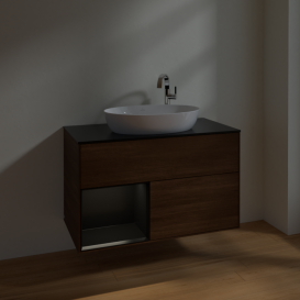 Тумба под раковину Villeroy & Boch Finion 100х50,1 см с подсветкой МДФ шпон грецкого ореха/стекло черное матовое F892PDGN