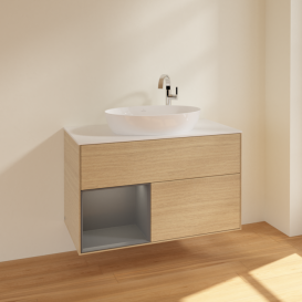 Тумба под раковину Villeroy & Boch Finion 100х50,1 см с подсветкой МДФ шпон дуба/стекло белое матовое F891GKPC