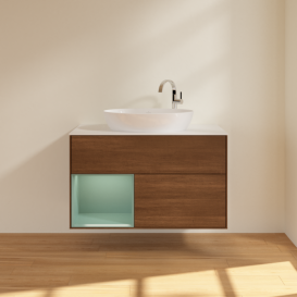 Тумба под раковину Villeroy & Boch Finion 100х50,1 см с подсветкой МДФ шпон грецкого ореха/стекло белое матовое F891GMGN