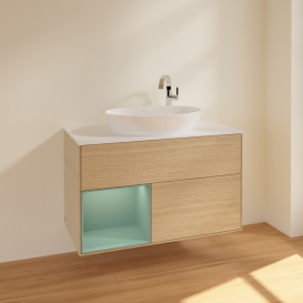 Тумба під раковину Villeroy & Boch Finion 100х50,1 см із підсвічуванням МДФ шпон дуба/скло біле матове F891GMPC