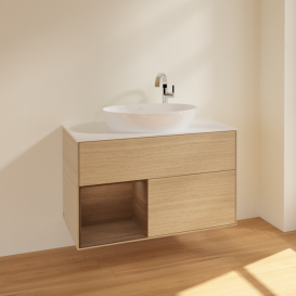 Тумба под раковину Villeroy & Boch Finion 100х50,1 см с подсветкой МДФ шпон дуба/стекло белое матовое F891GNPC