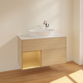 Тумба під раковину Villeroy & Boch Finion 100х50,1 см із підсвічуванням МДФ шпон дуба/скло біле матове F891HFPC