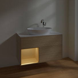 Тумба під раковину Villeroy & Boch Finion 100х50,1 см із підсвічуванням МДФ шпон дуба/скло біле матове F891HFPC