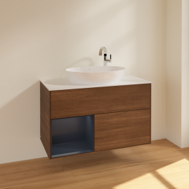 Тумба под раковину Villeroy & Boch Finion 100х50,1 см с подсветкой МДФ шпон грецкого ореха/стекло белое матовое F891HGGN