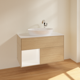 Тумба под раковину Villeroy & Boch Finion 100х50,1 см с подсветкой МДФ шпон дуба/стекло белое матовое F891MTPC