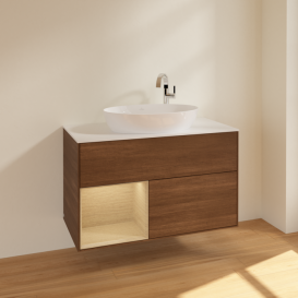 Тумба под раковину Villeroy & Boch Finion 100х50,1 см с подсветкой МДФ шпон грецкого ореха/стекло белое матовое F891PCGN