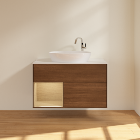 Тумба под раковину Villeroy & Boch Finion 100х50,1 см с подсветкой МДФ шпон грецкого ореха/стекло белое матовое F891PCGN