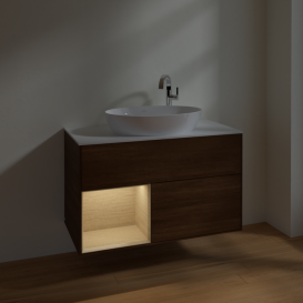 Тумба под раковину Villeroy & Boch Finion 100х50,1 см с подсветкой МДФ шпон грецкого ореха/стекло белое матовое F891PCGN