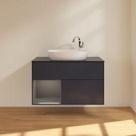 Тумба под раковину Villeroy & Boch Finion 100х50,1 см с подсветкой МДФ темно-синий матовый лак/стекло черное матовое F892GKHG