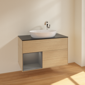 Тумба под раковину Villeroy & Boch Finion 100х50,1 см с подсветкой МДФ шпон дуба/стекло черное матовое F892GKPC