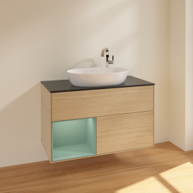 Тумба под раковину Villeroy & Boch Finion 100х50,1 см с подсветкой МДФ шпон дуба/стекло черное матовое F892GMPC