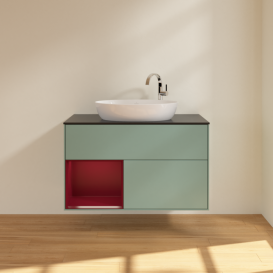 Тумба под раковину Villeroy & Boch Finion 100х50,1 см с подсветкой МДФ оливковый матовый лак/стекло черное матовое F892HBGM