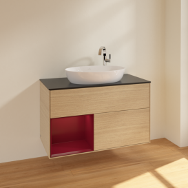 Тумба под раковину Villeroy & Boch Finion 100х50,1 см с подсветкой МДФ шпон дуба/стекло черное матовое F892HBPC