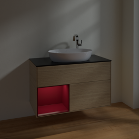 Тумба под раковину Villeroy & Boch Finion 100х50,1 см с подсветкой МДФ шпон дуба/стекло черное матовое F892HBPC