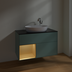 Тумба под раковину Villeroy & Boch Finion 100х50,1 см с подсветкой МДФ оливковый матовый лак/стекло черное матовое F892HFGM
