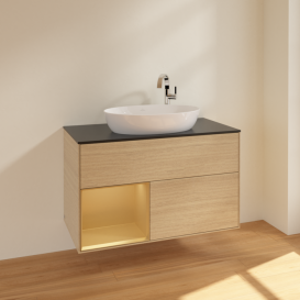 Тумба под раковину Villeroy & Boch Finion 100х50,1 см с подсветкой МДФ шпон дуба/стекло черное матовое F892HFPC