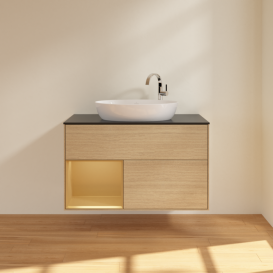 Тумба под раковину Villeroy & Boch Finion 100х50,1 см с подсветкой МДФ шпон дуба/стекло черное матовое F892HFPC