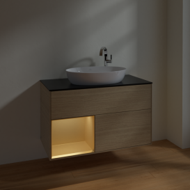 Тумба под раковину Villeroy & Boch Finion 100х50,1 см с подсветкой МДФ шпон дуба/стекло черное матовое F892HFPC