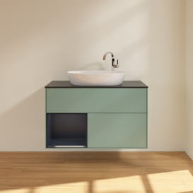 Тумба под раковину Villeroy & Boch Finion 100х50,1 см с подсветкой МДФ оливковый матовый лак/стекло черное матовое F892HGGM