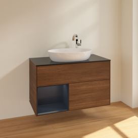 Тумба под раковину Villeroy & Boch Finion 100х50,1 см с подсветкой МДФ шпон грецкого ореха/стекло черное матовое F892HGGN