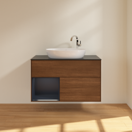 Тумба под раковину Villeroy & Boch Finion 100х50,1 см с подсветкой МДФ шпон грецкого ореха/стекло черное матовое F892HGGN