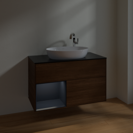 Тумба под раковину Villeroy & Boch Finion 100х50,1 см с подсветкой МДФ шпон грецкого ореха/стекло черное матовое F892HGGN