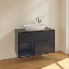 Тумба под раковину Villeroy & Boch Finion 100х50,1 см с подсветкой МДФ темно-синий матовый лак/стекло черное матовое F892HGHG