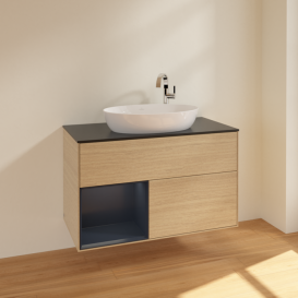 Тумба под раковину Villeroy & Boch Finion 100х50,1 см с подсветкой МДФ шпон дуба/стекло черное матовое F892HGPC