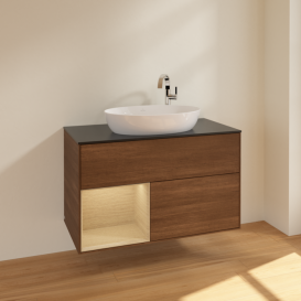 Тумба под раковину Villeroy & Boch Finion 100х50,1 см с подсветкой МДФ шпон грецкого ореха/стекло черное матовое F892PCGN